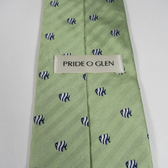 Pride O Glenn Green Tie With Abstract Blue White Fish - Picture 6 of 7